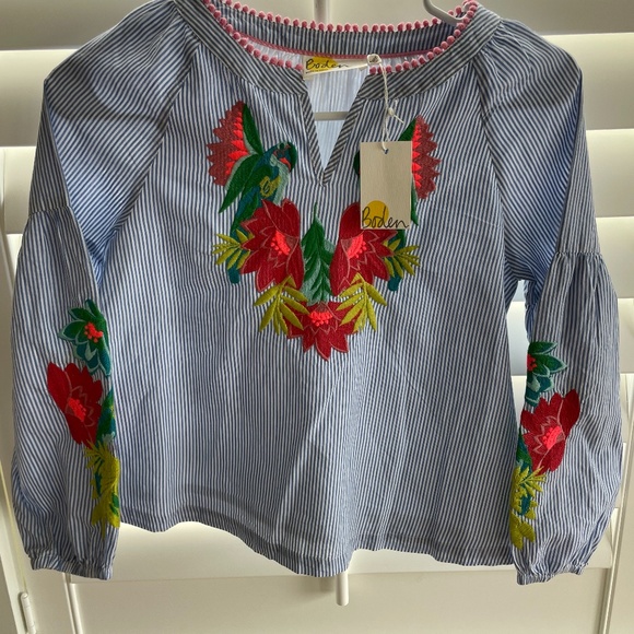 NWT Girl’s Boden Long Sleeve Blouse w/ Embroidered Parrots/Flowers - Size 9-10Y - Picture 2 of 3